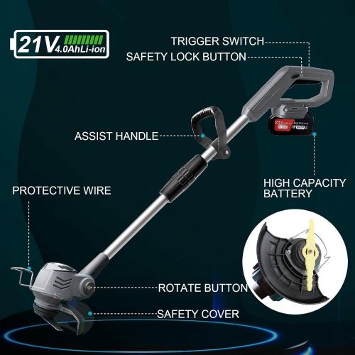 Cordless Weed Wacker Electric Grass Trimmer with 21v 4.0Ah Battery Powered,3-in-1 Brush Cutter Weed Cutter Lawn Trimmer,Lawn,Garden,Yard Care