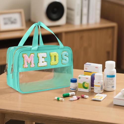 Medicine Bag Chenille Letter Nylon Medicine Bags for Traveling Meds Bag Preppy Patch Makeup Pouch Cosmetic Toiletry Storage Bags for Women (Green-MEDS)