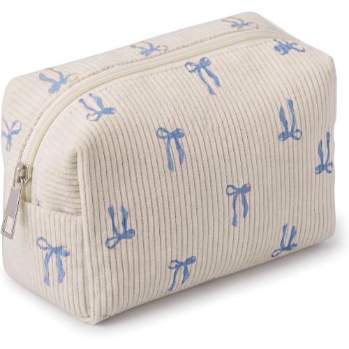 Dansydaisy Small Makeup Bag for Purse Blue Bow Corduroy Cosmetic Bag