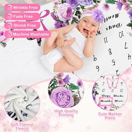 Chumia 6 Pcs Baby Monthly Milestone Blanket for Girl 60 x 40 Butterfly Milestone Blanket Age Photo Photography Backdrop with Newborn Calendar Growth Chart Bib Headband(Purple,Floral Pattern)