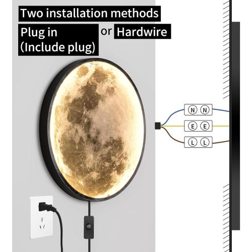 QIYIMEILUX 31.5 inch Large Moon Wall Sconce Plug in Dimmable Modern LED Wall Light with Remote Control 41W Black Wall Lamp Indoor Wall Mounted Lighting Ceiling Light for Living Room Bedroom