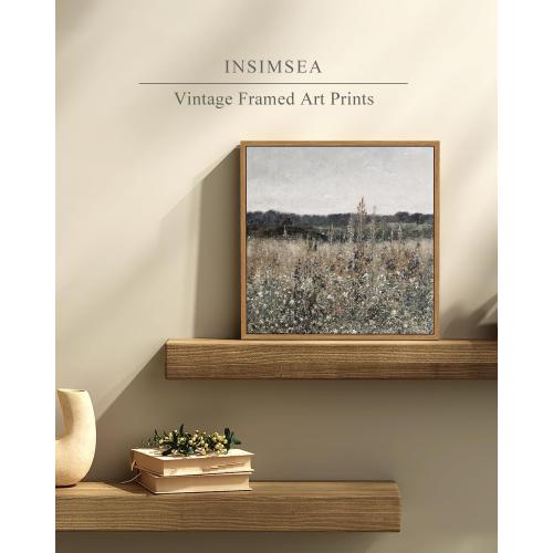 InSimSea Square Framed Canvas Wall Art, Home Decor Vintage Scenery Field Meadow Flowers Wall Art Prints, Retro Nature Floral Oil Paintings Wall Decor for Living Room Bedroom Home Bathroom 12x12