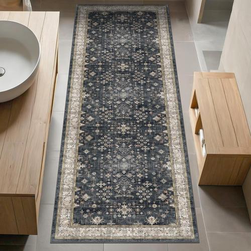 Black Boho Washable Runner Rugs for Hallway Kitchen Bedroom Beside Laundry Room Bathroom Rug, Pet & Kids Friendly, Non Slip Low Pile Stain Resistant Soft Foldable Long Floor Carpet