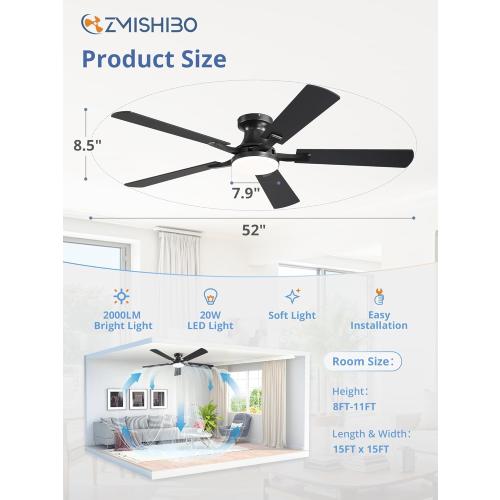 ZMISHIBO 52 Inch Ceiling Fan with Light, App&Remote Control, Flush Mount Low Profile, Dimmable 20W LED Light, Quiet Reversible Motor for Bedroom, Living Room, Apartment, Black