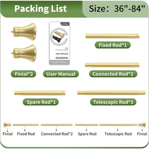 YNL Gold Shower Curtain Rod 36-84 Inch(3-7ft), No Slip No Drill Stainless Steel Spring Tension Curtain Rod, No Rust Shower Rod Adjustable For Bathroom Window Bedroom