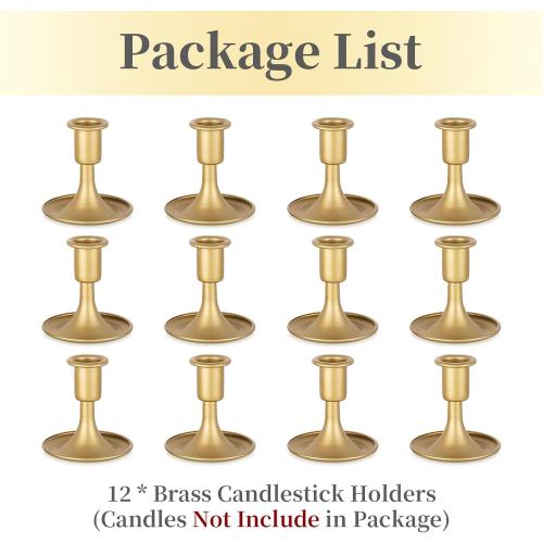 12 Pack Gold Taper Candle Holder Set of 12, Hewory Short Skinny Brass Candlestick Holders, Vintage Small Low Metal Candles Sticks for Wedding Centerpieces Christmas Birthday Party Holiday Dinning Table Decor