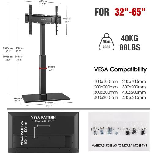 Size 32-65 Inches Color Black Swivel TV Floor Stand for 32-65 Inches TVs, 8 Level Height Adjustable Corner Small TV Stand Mount for Living Room/Bedroom, Holds up to 88 lbs,MAX VESA 400x400mm,Black