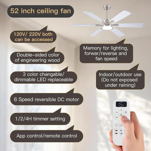 OURSTAR Ceiling Fans with Lights and Remote Control, Brushed Nickel Ceiling Fan with Light 3-Color Dimmable, Memory for Lighting and Fan Reversible, 6-Speed, Timer, Indoor/Outdoor Use, 52 Inch