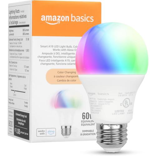 Amazon Basics Smart A19 LED Light Bulb, Color Changing, 9W (60W Equivalent), 800LM, Works with Alexa Only, 2.4 GHz Wi-Fi, No Hub Required, 1 Pack