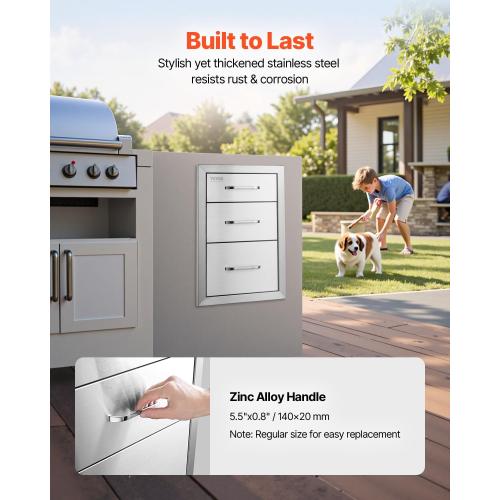 VEVOR  Outdoor Kitchen Drawers Stainless Steel, Flush Mount Triple Drawer, with Stainless Steel Handle, BBQ Drawers for Outdoor Kitchens or BBQ Island
