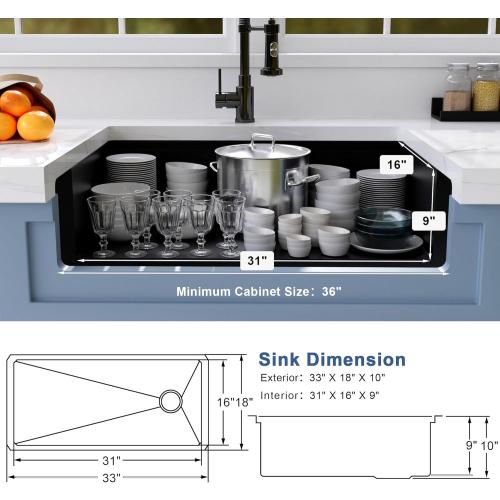 Black Undermount Kitchen Sink,16 Gauge Stainless Steel Sinks,Single Bowl Workstation Sink,Modern Kitchen Sink Offset Drain (33 X 18)