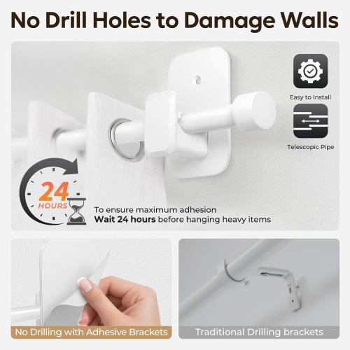 Curtain Rods No Drilling for Windows, 5/8″ No Drill/Adhesive Holder white Curtain Rod Brackets, Renter Friendly Adjustable Drapery Pole Easy Install, white, 32″-72″