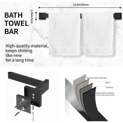 5-Pieces Matte Black Bathroom Accessories Set, 23.6 Inch Bath Towel Bar Set, SUS 304 Stainless Steel Bathroom Hardware Set, Towel Racks for Bathroom Wall Mounted.