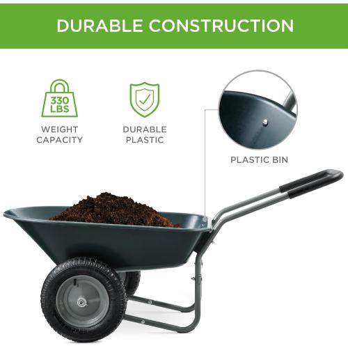 Best Choice Products Dual-Wheel Home Utility Yard Wheelbarrow Garden Cart w/Built-in Stand for Lawn, Gardening, Construction - Dark Gray