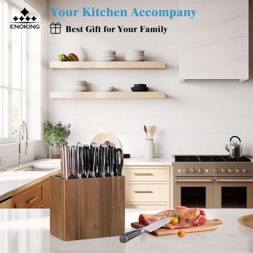 ENOKING XXL Acacia Wood Knife Holder – Large Universal Knife Block with Blade-Protecting Slots, Holds 26  Knives, Scissors, and Sharpening Rods, Space-Saving Kitchen Storage Organizer