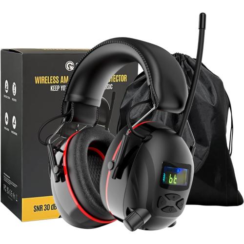 Bluetooth 6.0 AM/FM Hearing Protection, Radio Headphones with Digital Display, 30 SNR Noise Reduction Safety Earmuffs with Rechargeable 2000 mAh Large Battery, Ear Protector for Mowing Lawn Work