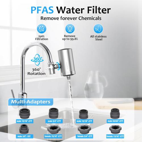 WINGSOL Stainless Steel Water Filter for Sink Faucet, NSF/ANSI 42 & 53, 360° Rotating Tap Purifier Reduces PFAS, Lead, Chlorine & Microplastics, 350 Gallons Long-Lasting for Kitchen & Bathroom