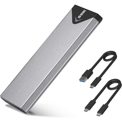 SSK M.2 NVME SATA SSD Enclosure Adapter, USB 3.2 Gen 2 (10 Gbps) to NVME PCI-E SATA M-Key/(B M) Key Solid State Drive External Enclosure Aluminum Support UASP Trim for SSDs 2242/2260/2280