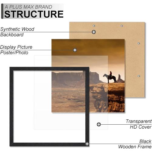 A PLUS MAX Square 24x24 Frame, Black Engineered Wood Picture Frame for 24 x 24 Picture Poster Photo, Light Weight 24 by 24 Frame with Wood-grain for Wall - 1 Pack/Black/24 x24