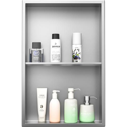 Stainless Steel Shower Niche Brushed 24 X 14 No Tile Needed Niche | Recessed shower niche with 2 tiers shelf,space-saving,vertical niche，silver bathroom niche shower for shampoo & soap storage