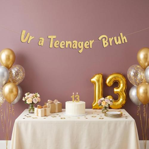 Sterling James Co. Pre-Strung Ur a Teenager Bruh Gold Glitter Banner - Funny 13th Birthday Decorations for Teen Boys and Girls - Birthday Party Supplies and Gifts
