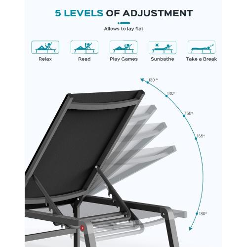 Ciokea Aluminum Chaise Lounge Ourdoor, Foldable & Assemble Free Outdoor Lounge Chair with 5 Adjustable Backrest, Patio Lounge Chair for Outside Poolside Beach Pool, Black