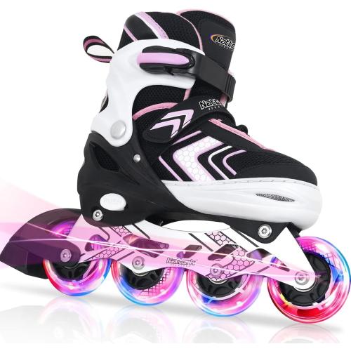 Nattork Adjustable Inline Skates for Girls and Boys with Full Light up Wheels, Beginner Roller Skates for Kids Youth Purple Pink Blue Black