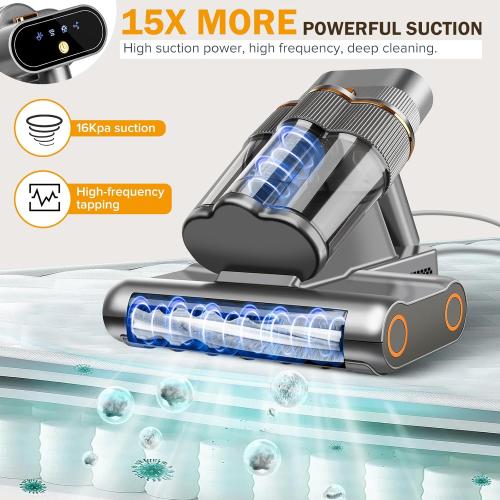 Color White Powerful Mattress Vacuum Cleaner,Handheld Bed Vacuum with UV-C Light, 16Kpa Strong Suction, 30000 RPM Dual Drum Brushes, 140°F Hot Air & Ultrasonic Tech, 500W Corded for Quick Dust Removal