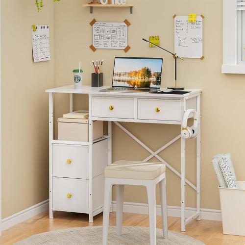 White 33.5Inch Small Computer Desk with 4 Fabric Drawers, Simple Writing Desk for Home Office, Compact Study Desks for Small Spaces, Kids Desk Study for Bedroom, White