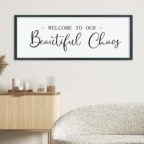LuZhiQiang Welcome To Our Beautiful Chaos Sign Wall Decor 40×15 for Home Living Room Entryway Bedroom Large Wood Framed Wall Hanging Art (Black)