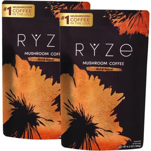 RYZE SUPERFOODS Mushroom Dark Roast Coffee Starter Kit, Instant Coffee with 6 Adaptogenic Mushrooms and Better Energy, Focus, Digestion, Immunity with Lions Mane & Turkey Tail. Pack of 2
