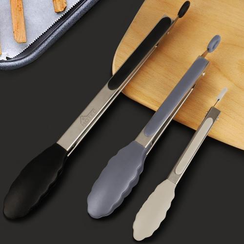 HOTEC Premium Stainless Steel Locking Kitchen Tongs with Silicon Tips, Set of 3-7, 9 and 12 (Black,Grey,Khaki)