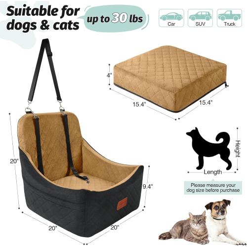 Black and Coffee Medium Size Dog Booster Car Seat for Up to 35lbs Pets,Easy to Install,Fully Detachable and Washable,Anti-Slip Base,Snug Puppy Car Seat with 2 Clip-On Leashes(Black/Coffee,Medium)