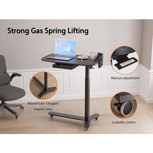 Rolling Adjustable Height Desk with Drawer and Wheels, Portable Small Standing Desk Pneumatic for Home Office, Mobile Computer Laptop Cart, Medical Sofa Overbed Table, Black