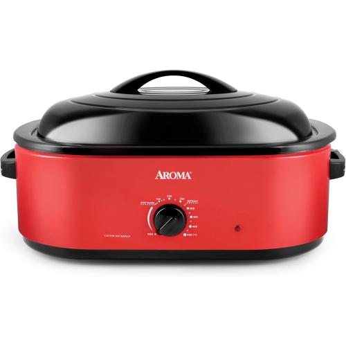 AROMA 18Qt. Roaster Oven with Self-Basting Lid, Fits 22-lb. Turkey, Adjustable Temperature Settings, Keep Warm Setting, Red