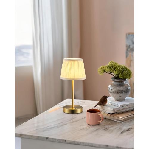 PUSU Cordless LED Gold Table Lamps, Rechargeable 4000mAh 3 Way Dimmable Bedside Small Lamp with Fabric Shade, Lighting for Bedroom, Kids Room, Bathroom, Kitchen, Decor, Gift, Night Light