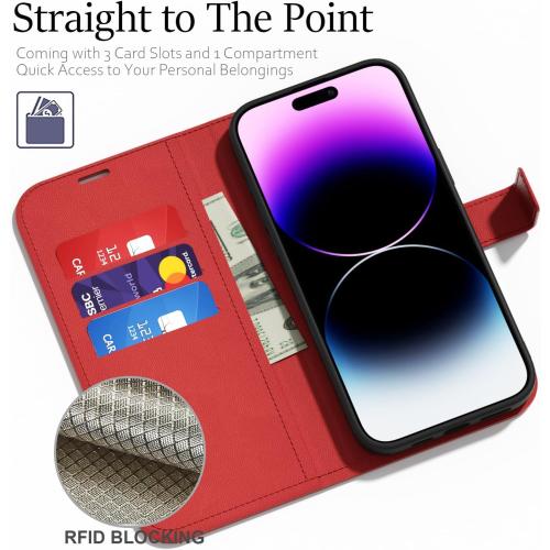 oakxco for iPhone 14 Pro Max Wallet Case with Credit Card Holder, Magnetic RFID Slim Folio Book Flip Leather Phone Case for Women Men Girl, Cute Soft Silicone Rubber Shockproof Cover, Red