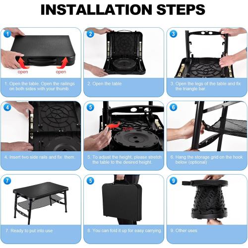 KPR Retractable Small Folding Table and Stool Set, Portable Camping Foldable Table Lightweight Yet More Sturdy with Adjustable Stool for Outdoor Picnic, Beach, Camp, Also Ideal as Laptop Bed Desk
