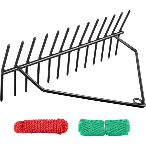 32 Aquatic Weed Rake, No Assembly Required, 8.6 Steel Rod Lake Weed Cutter, One-Piece Welding, Lake Weed Rake for Pond Beach Landscaping, Perfect Tie Hole, 30ft Thicker Rope and Net, Black.