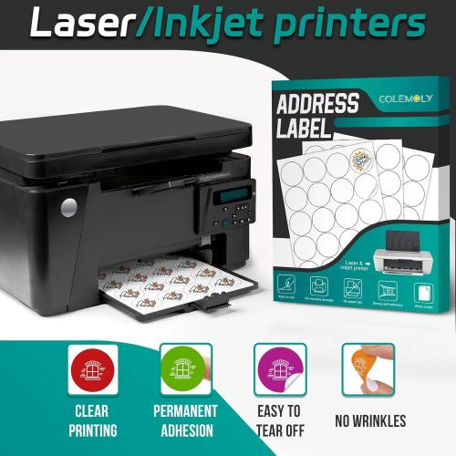 Set of 100 sheets Colemoly Address Labels 2” Round for Laser and Inkjet Printers - 100 Sheets, 20 Labels Per Sheet 2000 Blank Matte White Sticker Paper for Organization, Labeling, Inventory Management, Product Branding