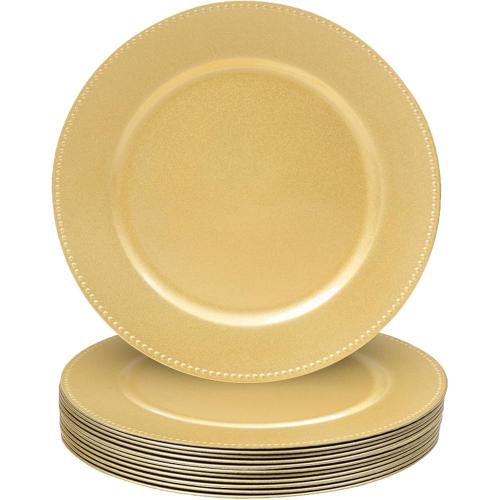 Gold Charger Plates Set of 10, Round Charger for Dinner Plates, Plate Chargers with Beaded Rim, Plastic Table Chargers for Wedding, Party