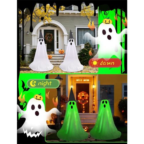 Halloween Light Up Ghost Kit - 2 Pack DIY Halloween Decorations Spooky Ghost Decor with 20 LED Lights Battery Operated,Adjustable Height,Hat,for Outdoor Indoor Porches Yards Gardens Lawn (Green)