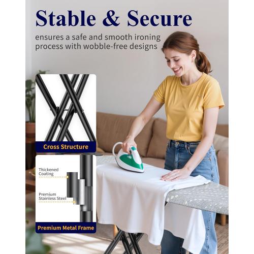 Kitsure Folding Ironing Board - Height Adjustable Iron Board in Full Size, Wobble-Free & Heavy-Duty Ironing Board with Cover and Pad for Heat Resistance, Grey, 43 L x 13 W x 35.8 H