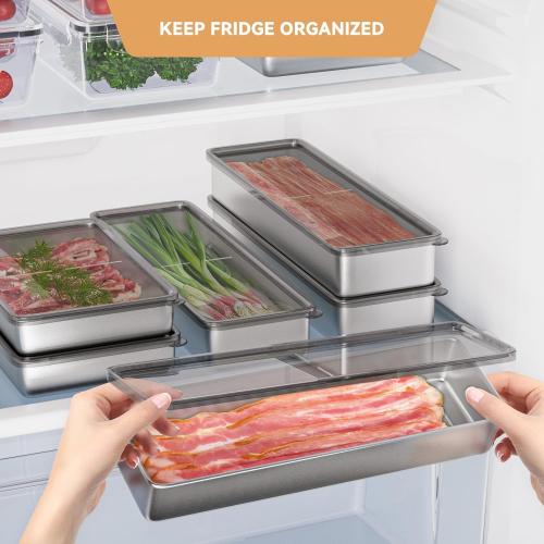 Freshmage Bacon Container for Refrigerator, 1 Pack 304 Stainless Steel Airtight Deli Meat Storage Container for Fridge Dishwasher Safe Long Kitchen Food Storage Containers with Lids with Elevated Base