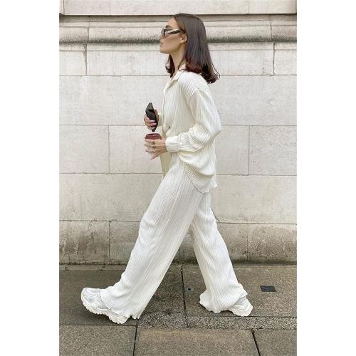 Medium Pleated 2 Piece Outfits for Women Long Sleeve Oversized Button Down Shirt Wide Leg Pants Sets Casual Loungewear