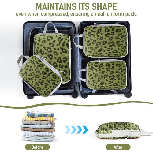 4 Set Compression Packing Cubes For Travel Bags Organizer For Luggage Suitcase Organizer, Compression Bags For Travel Accessories Luggage Storage Set (4 Pcs, Green Leopard)