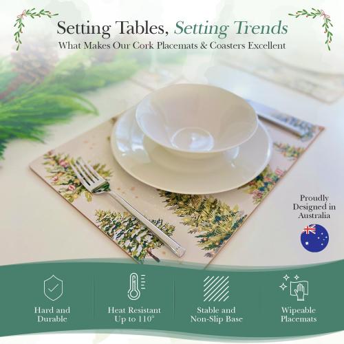 Cork Placemats Set of 4 with Matching Coasters, Heat Resistant, Rectangular 16.15 x 12.2 Inches, Non-Slip, for Dining Table, Christmas (Xmas Trees, Set of 4)