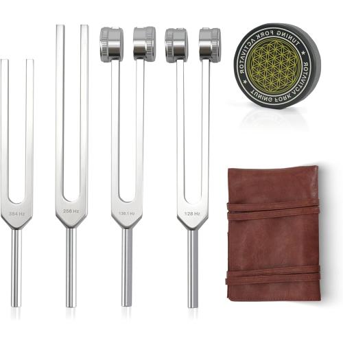 Tuning Forks for Healing Set – Includes 128Hz, 136Hz, 256Hz, 384Hz & Activator, Portable in Red Leather Pouch – Medical Grade Sound Healing Instruments for Chakra, Yoga, and Meditation