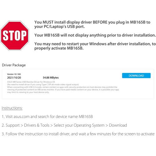 ASUS ZenScreen MB165B Portable USB Monitor- 15.6 inch, HD(1366x768), Narrow Bezel, USB-powered, Anti-glare surface