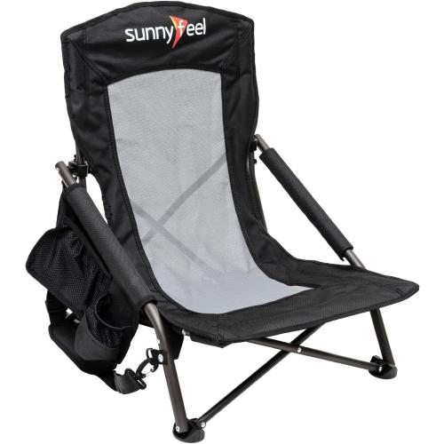 SUNNYFEEL Low Beach Chair 2 Pack, High Back Folding Beach Chairs for Adults with Cup Holder & Side Pocket, Lightweight Backpack Sand Chair Portable for Beach Camping Concert Lawn
